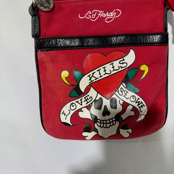 Ed Hardy Red Crossbody Bag with Skull Design - Picture 5 of 12